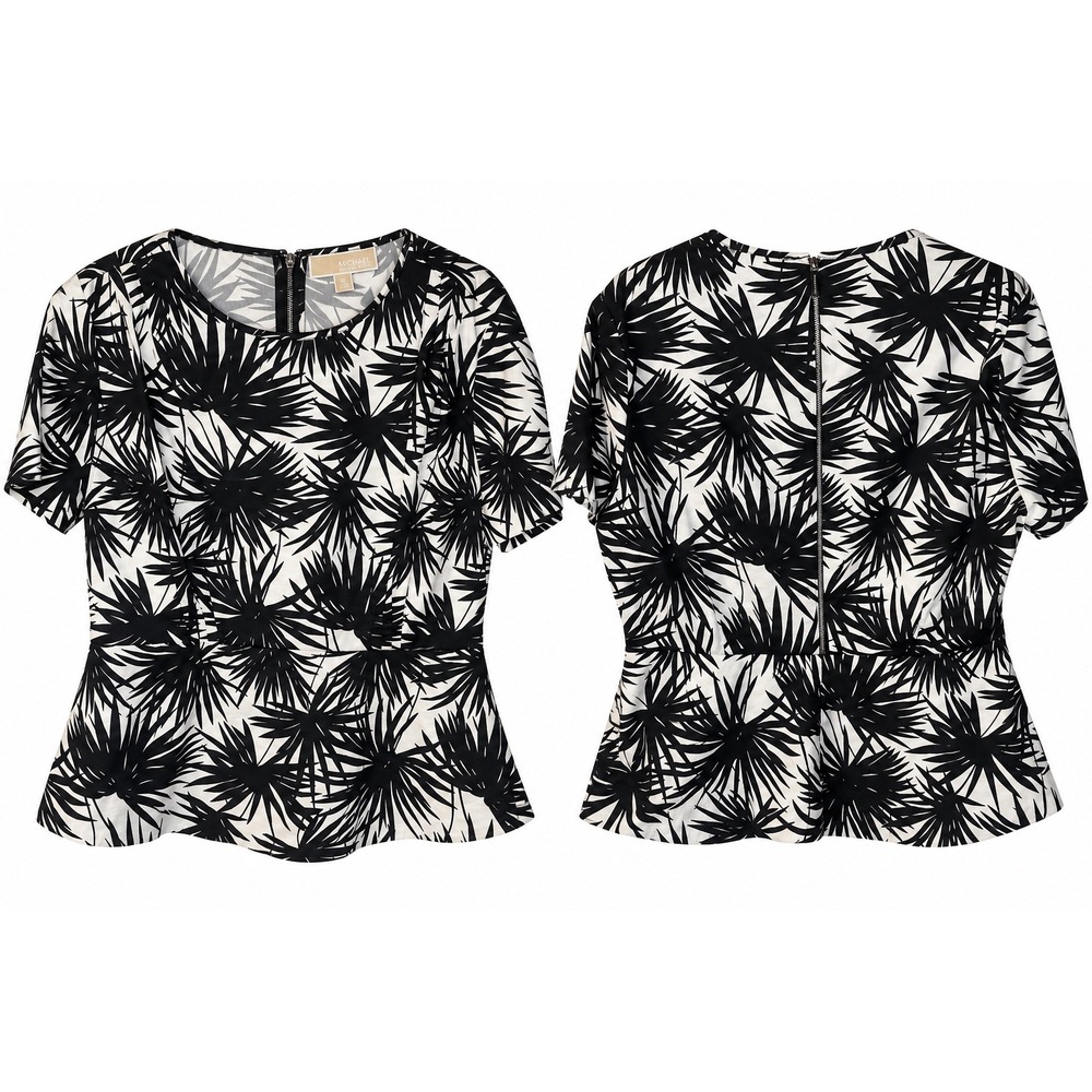 Michael Michael Kors Black White Palm Leaf Peplum Top Short Sleeve Office Fun